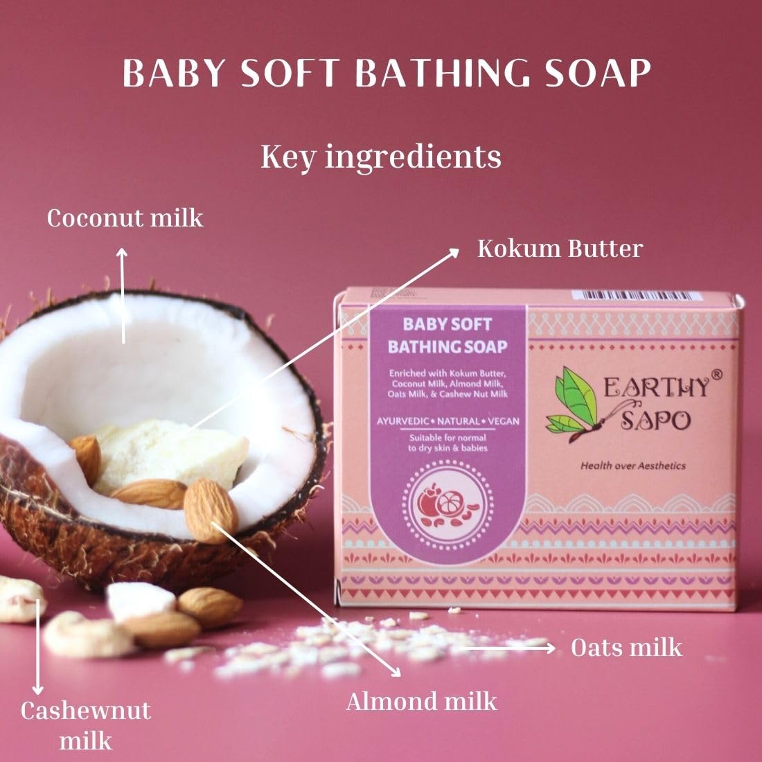 Earthy Sapo Handmade Baby Soft Bathing Soap (Coconut Milk, Almond Milk, Oat Milk, Kokum Butter) 100g, Pack of 1 | Natural, Gentle Bath Soap for Babies Sensitive Skin
