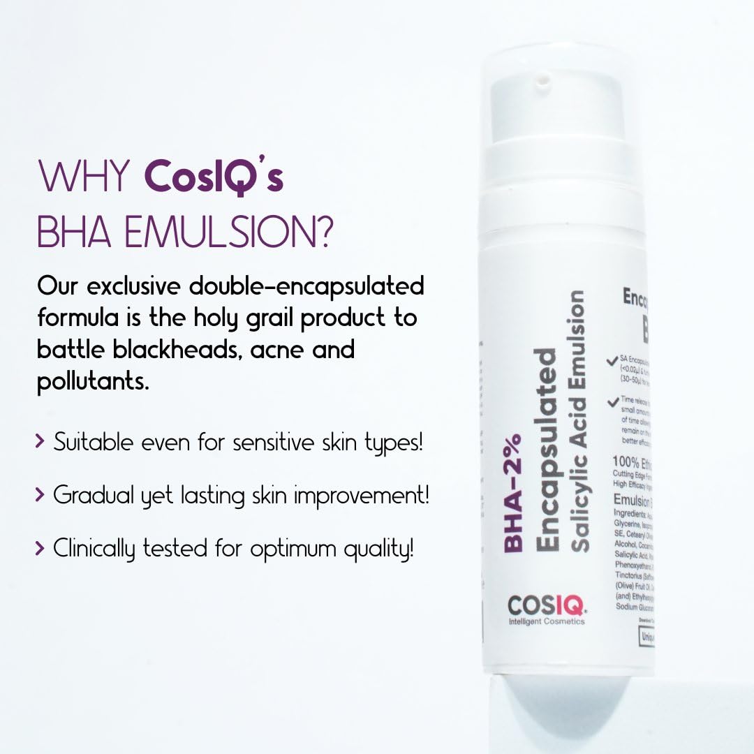 Cos-IQ BHA-2% Encapsulated Salicylic Acid Emulsion Face Serum for Sensitive Skin | Face Exfoliator for Blackheads, Whiteheads, Acne & Open Pores | Reduces Breakouts | For Women & Men | 30ml