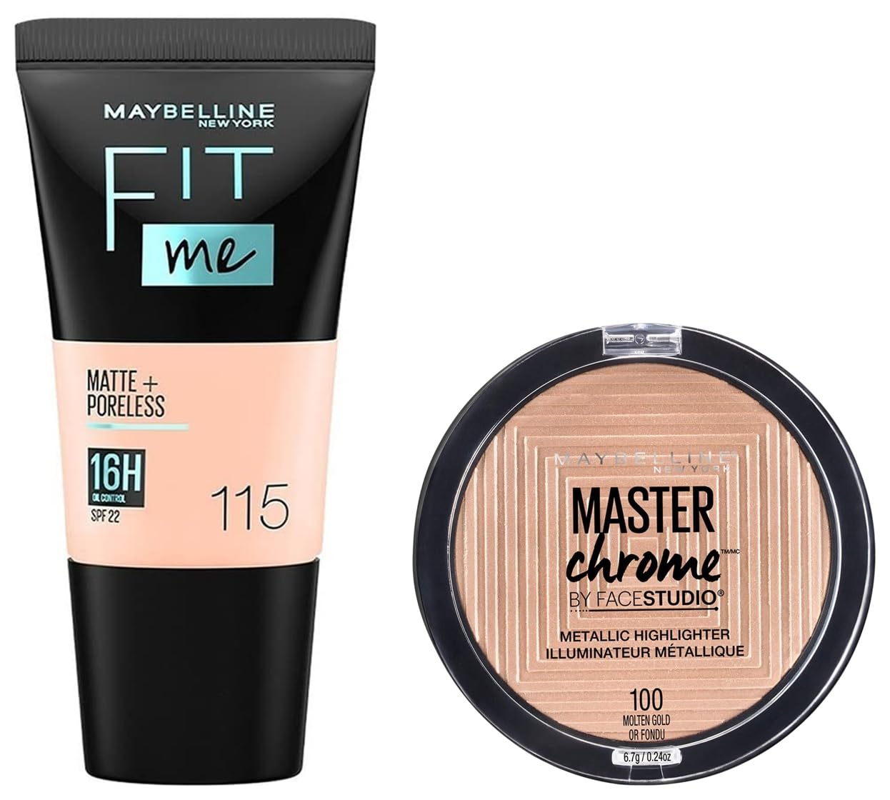 Maybelline New York Fit Me Matte+Poreless Liquid Foundation Tube, 115 Ivory, 18ml and Maybelline New York Face Studio Master Chrome Metallic Highlighter, Molten Gold, 6.7g