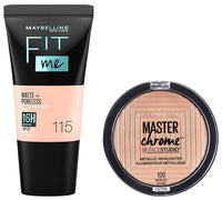 Maybelline New York Fit Me Matte+Poreless Liquid Foundation Tube, 115 Ivory, 18ml and Maybelline New York Face Studio Master Chrome Metallic Highlighter, Molten Gold, 6.7g