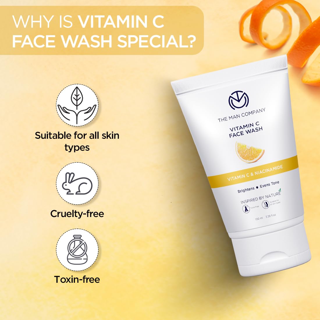 The Man Company Skin Brightening Vitamin C Face Wash - 100ml | Oil-Free Look & Instant Glow | Evens Skin Tone | Goodness of Turmeric & Niacinamide I Paraben & SLS Free