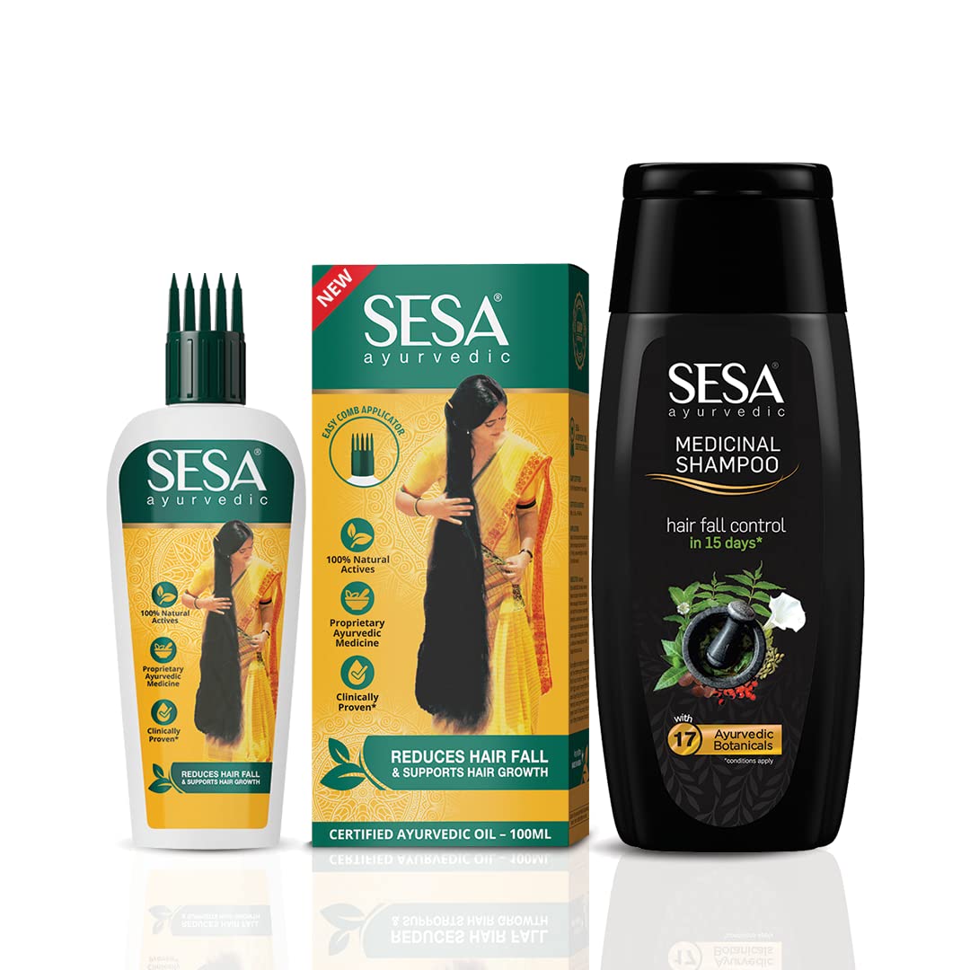 SESA Ayurvedic Hair Oil 100Ml + Ayurvedic Medicinal Shampoo 200Ml Combo Pack Control Hair Fall Nourishes Scalp Help Hair Growth For Men & Women