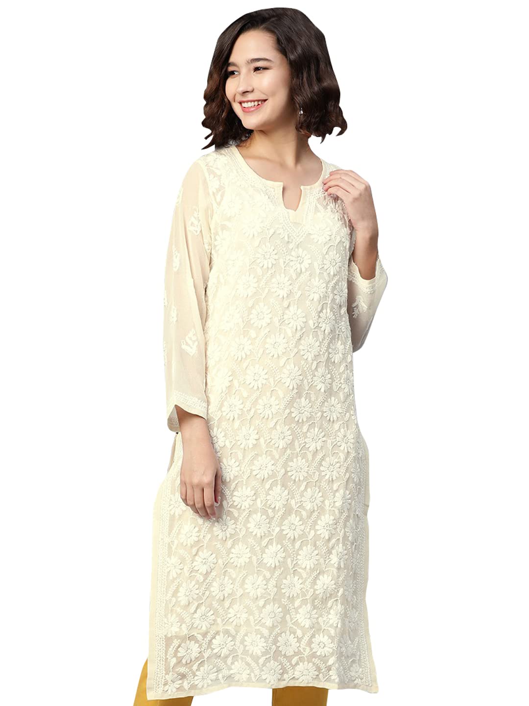 Ada Lucknowi Hand Embroidered Traditional Chikankari Georgette Kurta Kurti with Slip for Women