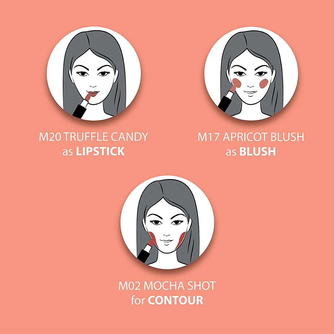 Iba Multi-Tasking Lipstick Trio - Peach Sorbet, Lipstick, Blush, Contour Brown Matte, 12g (Pack of 1) | Halal Certified & Vegan Makeup