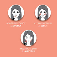 Iba Multi-Tasking Lipstick Trio - Peach Sorbet, Lipstick, Blush, Contour Brown Matte, 12g (Pack of 1) | Halal Certified & Vegan Makeup