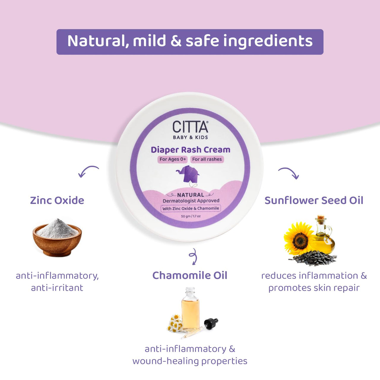CITTA | Diaper Rash Cream | Treat & Heal Rashes and Inflammation| Diaper Rash Cream with Zinc Oxide & Chamomile| | 5X moisture-rich| | 50g | Baby products | Diaper cream for babies |