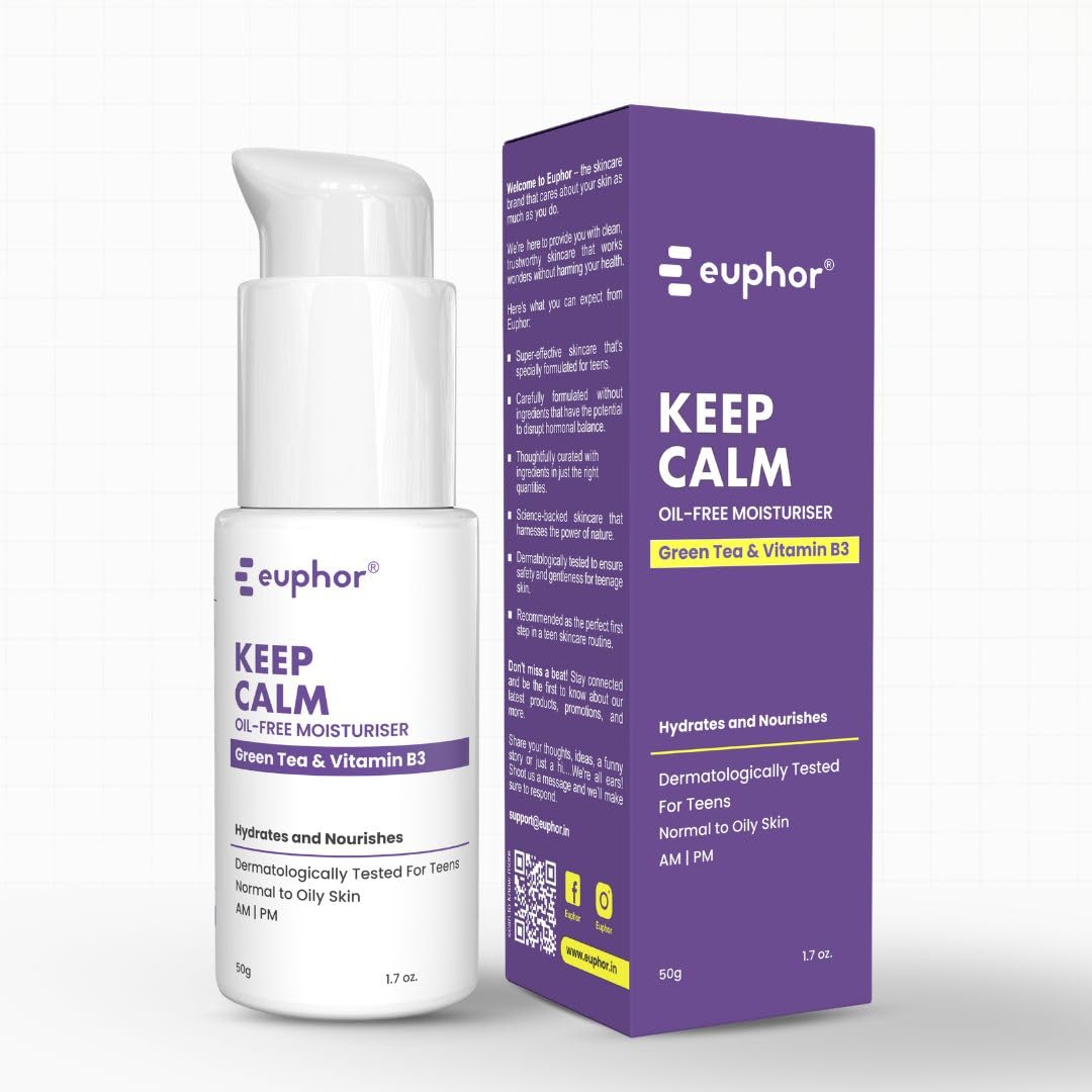 Euphor Teens | Oil-free Gel Moisturizer- KEEP CALM | Controls Acne | Light Weight Hydration for Oily and Acne-prone Skin | Witch Hazel Extract, Niacinamide, Green Tea | PEG-free, Paraben-free, Sulphate-free | 50g | For Women and Men
