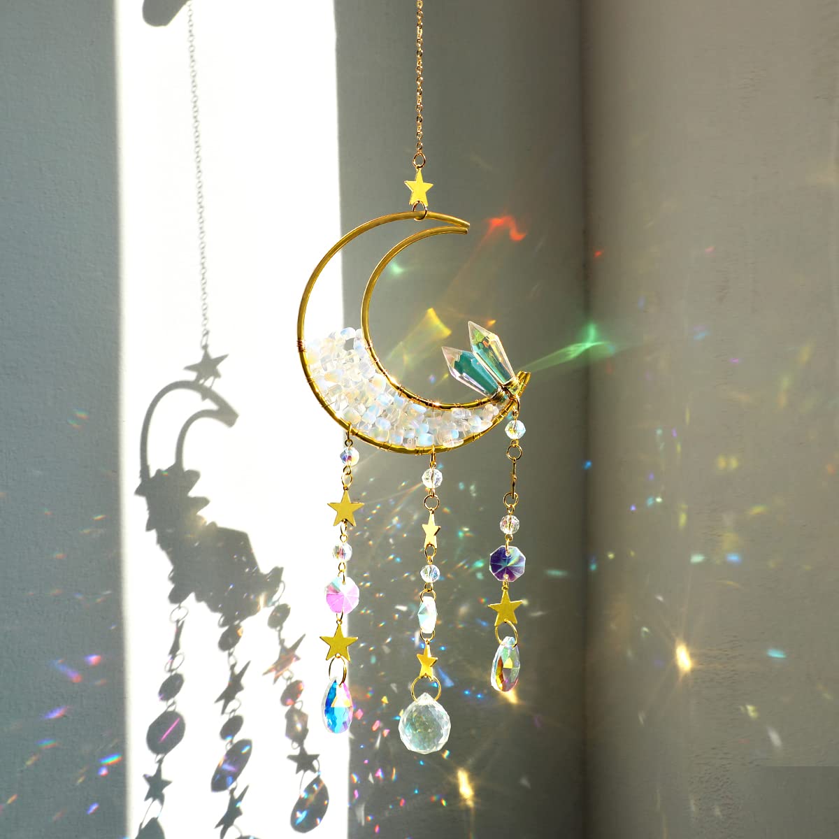 Opal Moon Crystal Suncacher - Sun Catchers Indoor Window Prism Crystal Moon Dream Catcher Wind Chimes Crystals and Healing Stones Rainbow Maker Garden Tree Decorations Outdoor Moon Opal Crystal
