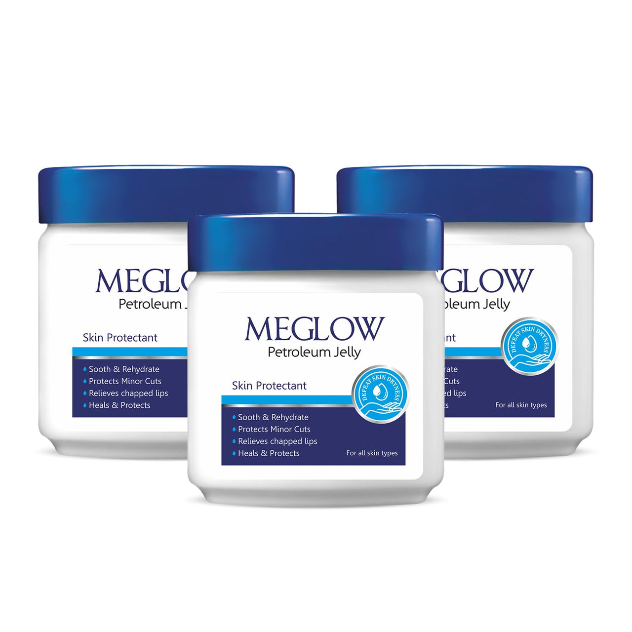 Meglow Moisturizing Petroleum Jelly | Deep Hydration & Skin Protection | Vitamin E Helps Lock in Moisture | Heal Dry Skin & Prevent Cracks for Soft, Smooth Skin Pack of 3 (100g Each)