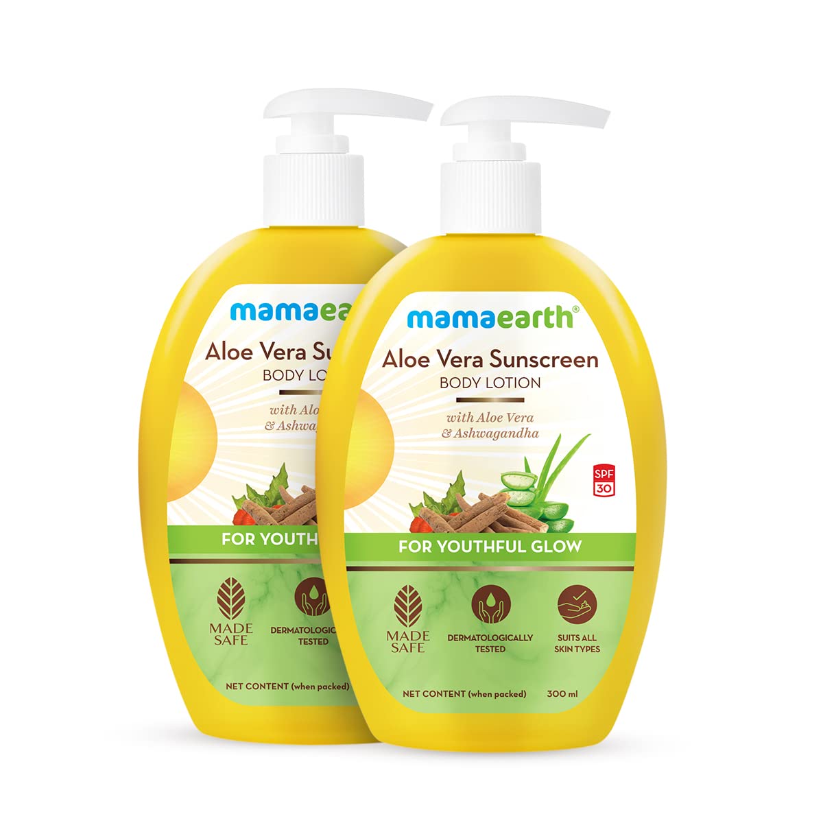 Mamaearth Aloe Vera Sunscreen Body Lotion For All Skin Spf 30 - With Aloe Vera & Ashwagandha For A Youthful Glow - 300 Ml (Pack Of 2), 2 Count