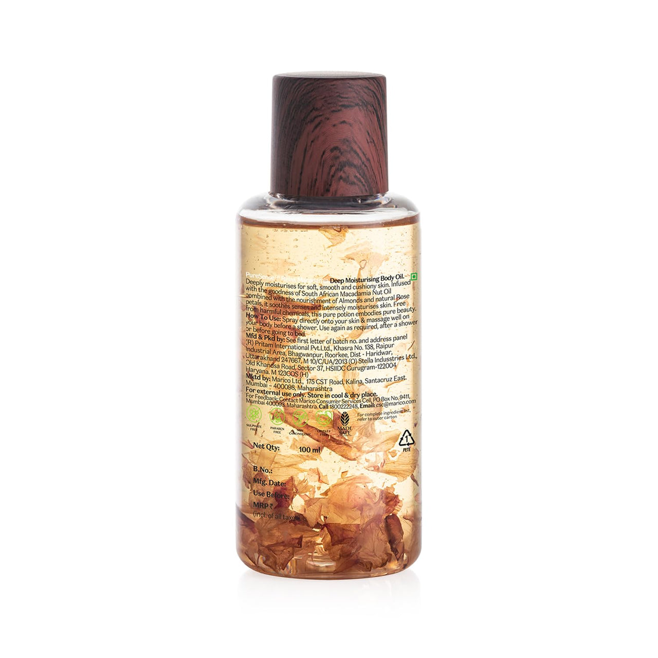 PureSense Macadamia Deep Moisturising Body Oil for All Skin Types with Rich Almond Oil & Rose Petals, Nourishes Skin, Relaxes Senses, Sulphate & Paraben Free, 100 ml