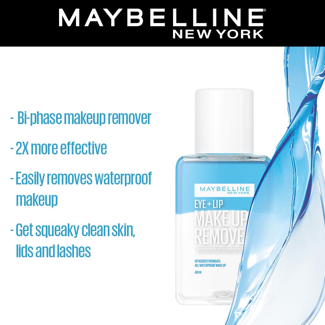 Maybelline New York Eye + Lip Makeup Remover, Bi-phase, Efficiently removes waterproof makeup, 40ml