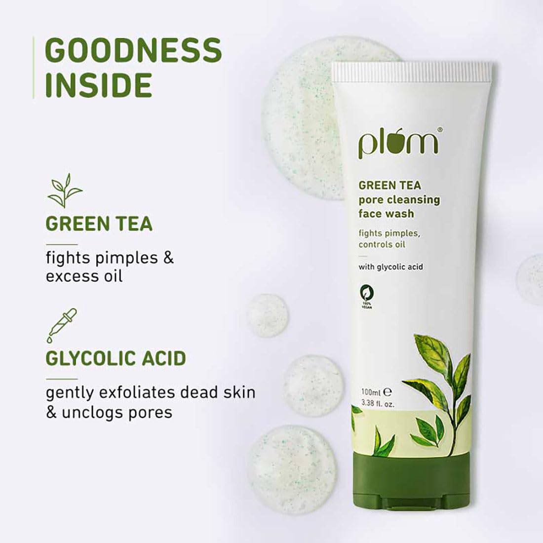 Plum Green Tea Pore Cleansing Face Wash for Oily, Acne Prone, Dry & Combination Skin | with Glycolic Acid | Fight Pimples & Control Excess Oil | Gentle Exfoliating & Non-Drying | Women & Men | 100ml