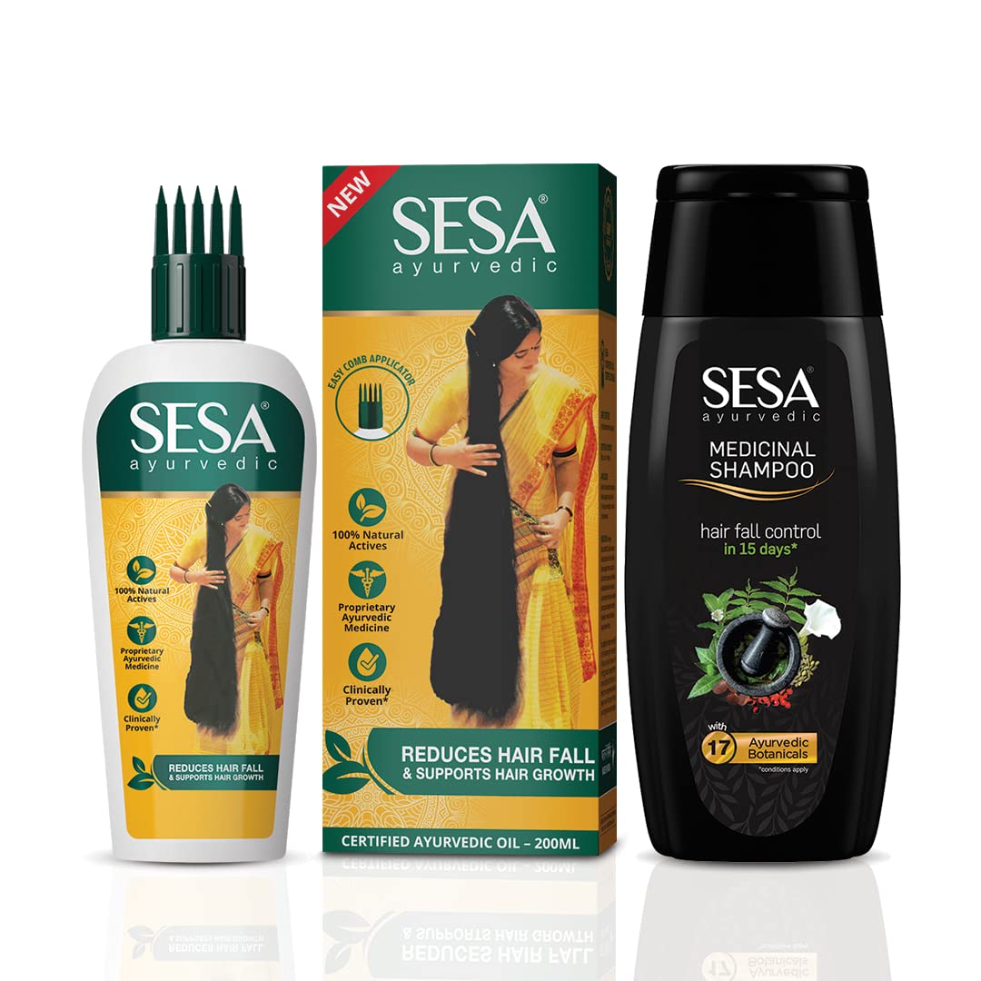 SESA Ayurvedic Hair Oil 200Ml + Ayurvedic Medicinal Shampoo 200Ml Combo Pack Control Hair Fall Nourishes Scalp Help Hair Growth For Men & Women