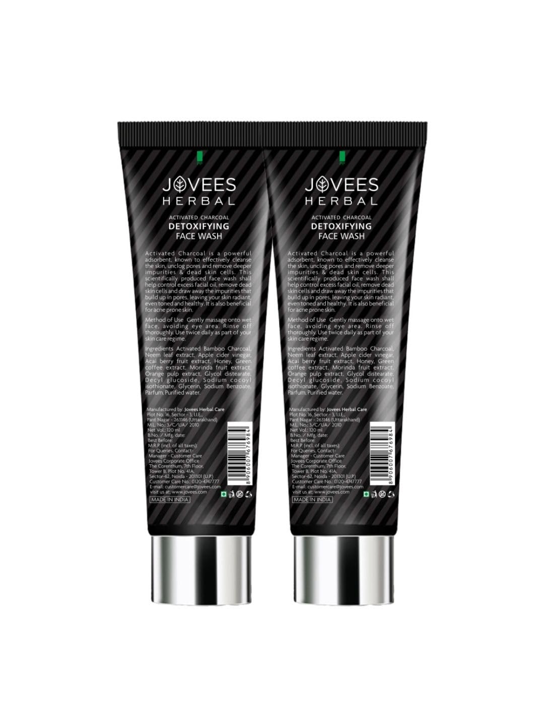 Jovees Herbal Activated Charcoal Detoxifying Face Wash For Smooth & Supple Skin Oily & Acne Prone Skin 120 ML (Pack Of 2)