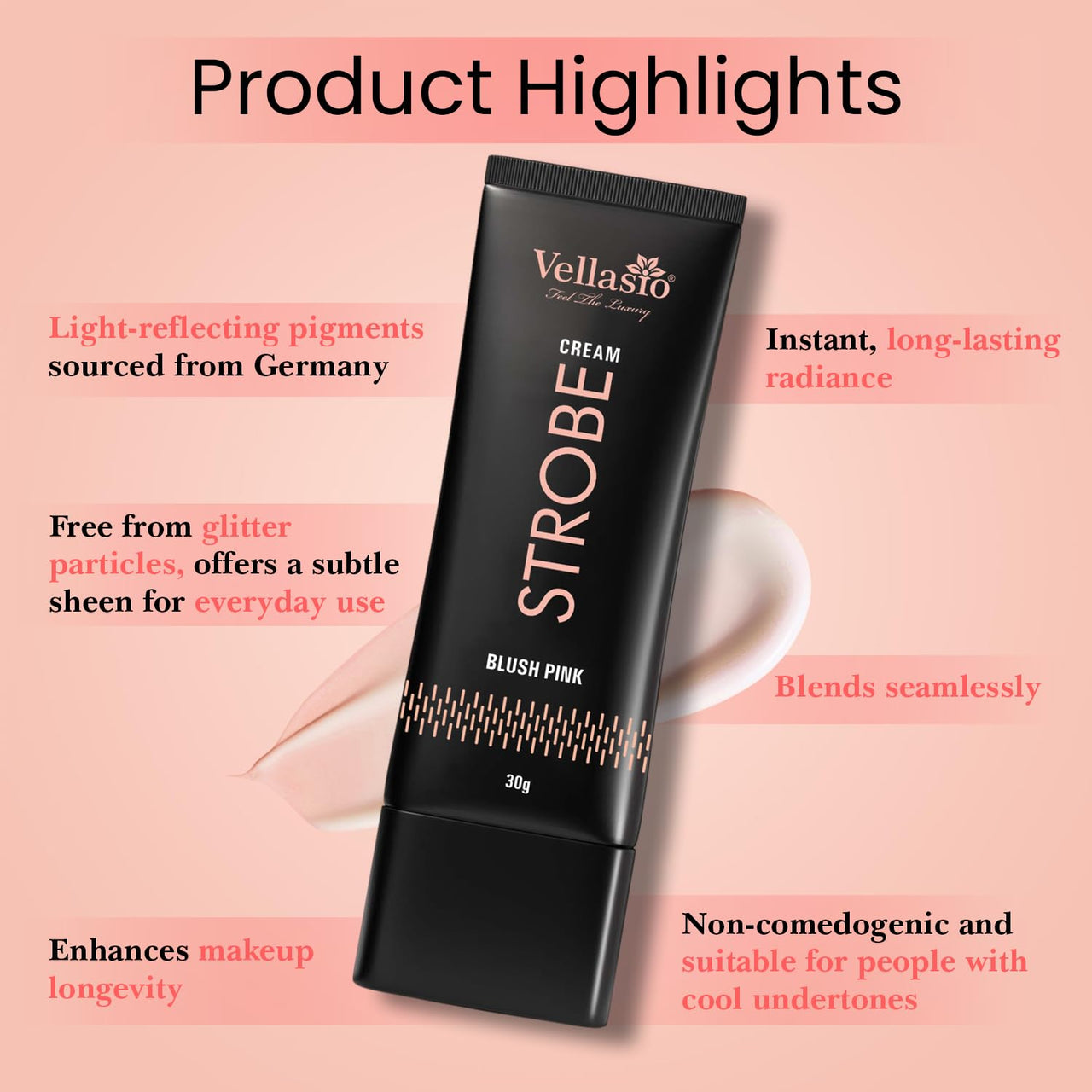 ellasio Strobe Cream - Blush Pink | Face Illuminator & Primer with Hyaluronic Acid, Squalene & Japanese Sakura | Dewy Glow, Hydration, Non-Comedogenic for All Skin Types - 30g