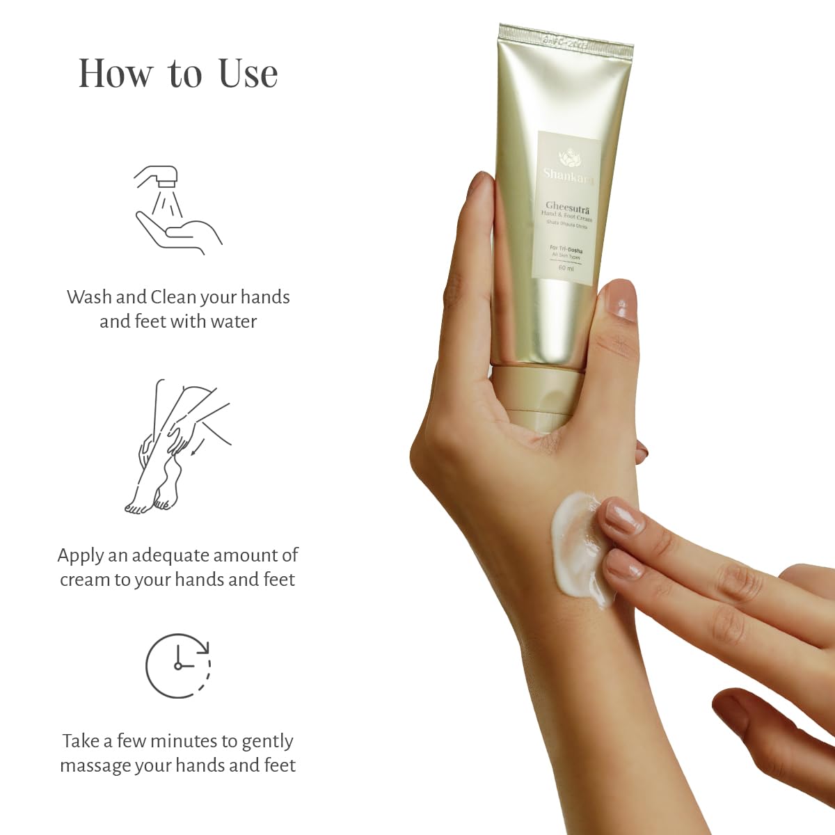 SHANKARA Gheesutra Hand and Foot Cream Enriched with Washed Ghee, Moringa, and Bamboo Extracts For Intensive Hydration, Moisturizing, and Skin Barrier Improvement - 60ml