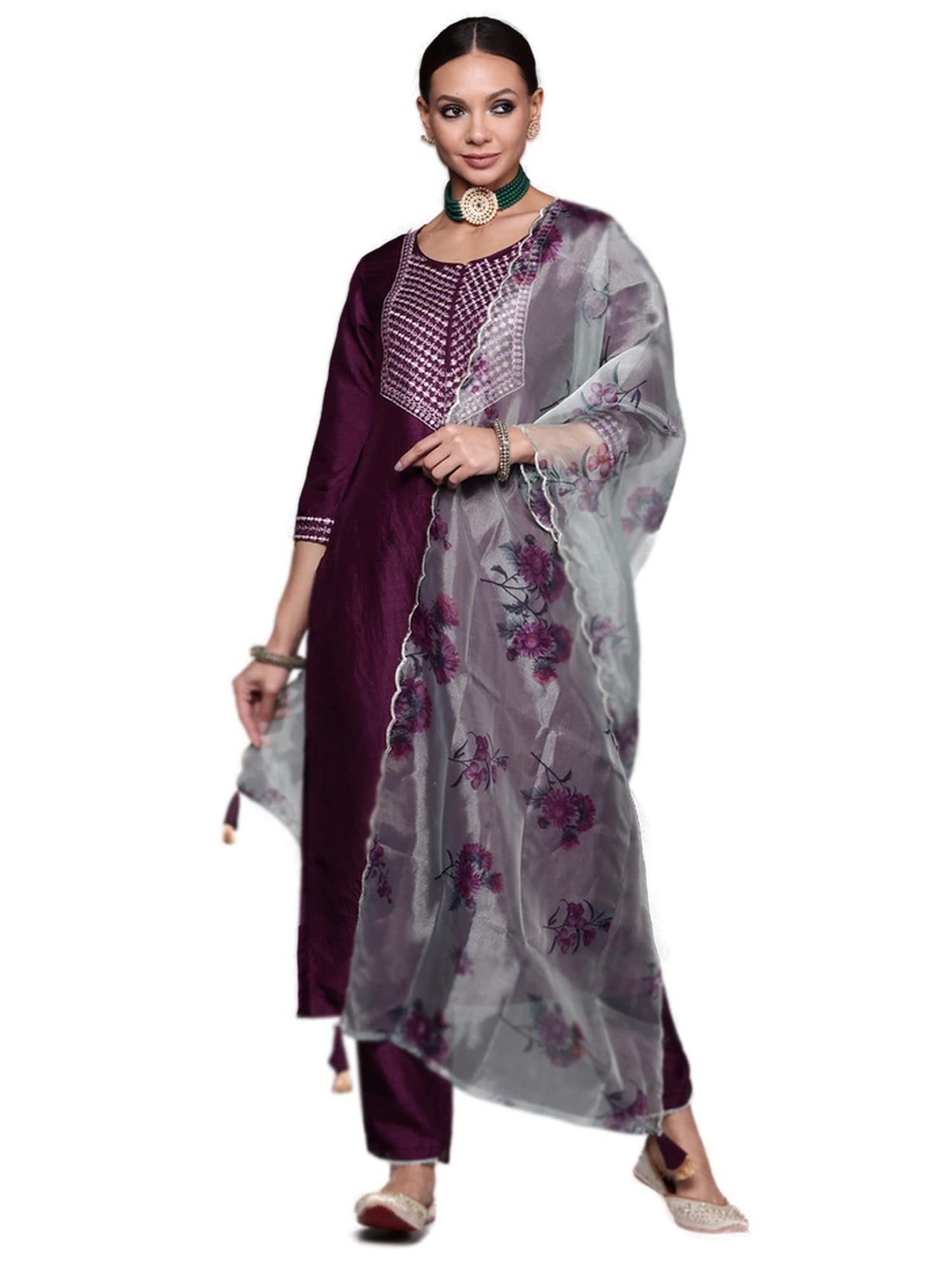 INDO ERA Women's  Embroidered Kurta Set for Women with Organza Dupatta(KH9PR4439-P_Purple and Green_Xs to XXL-Size)