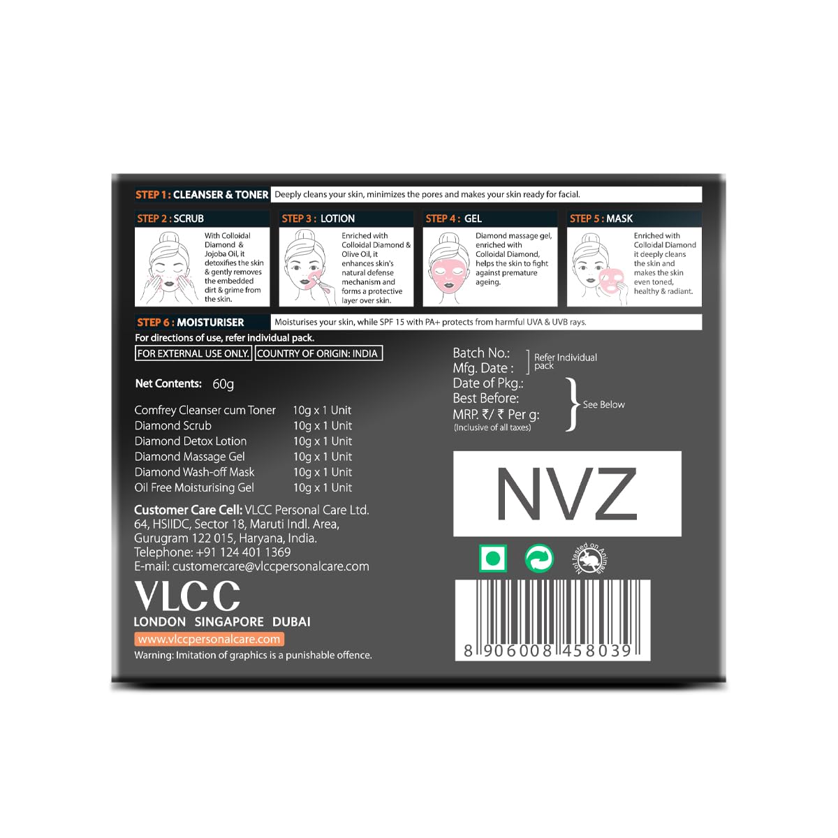 VLCC Diamond Facial Kit - 60g | Skin Purifying with Parlour Glow | Improves Skin Elasticity, Brightens and Helps Lighten Patchy, Damaged Skin | with Colloidal Diamond, Aloe Vera, Jojoba & Olive Oil