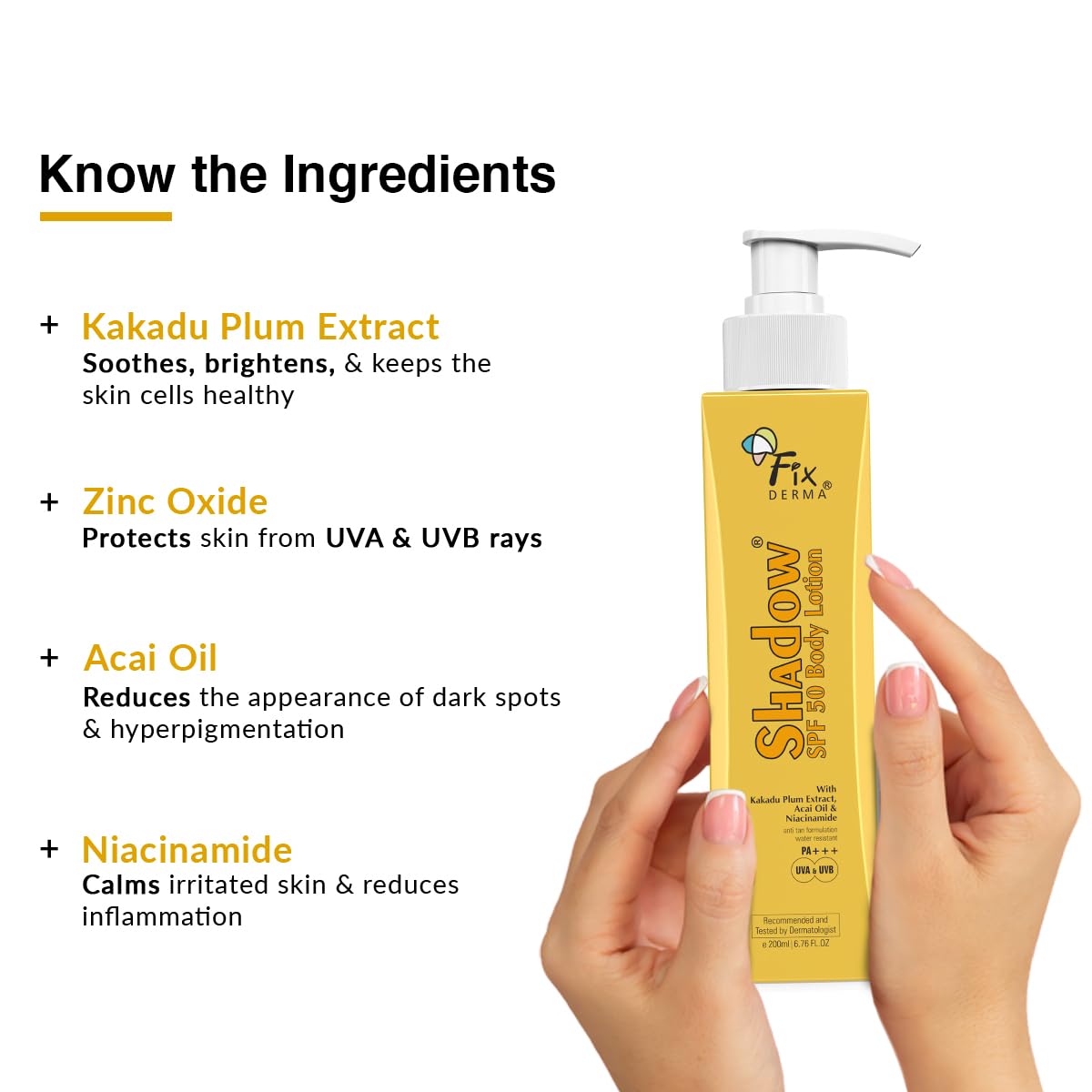 Fixderma Shadow Sunscreen Body Lotion with SPF 50 PA+++ & 2% Niacinamide | Body Sunscreen | Prevents Sun Tan, UVA & UVB Protection with No White Cast For Women & Men - 200 ml