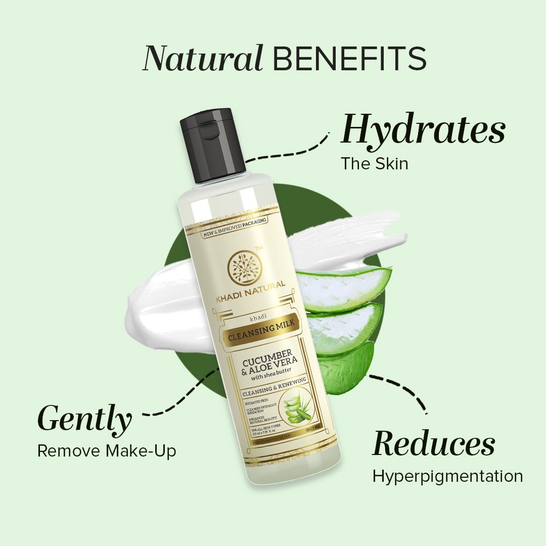KHADI NATURAL Cucumber and Aloevera Cleansing Milk | Make up Remover | with Shea/Kokum Butter | For All Skin Types |Pack of 2 | (210 * 2) (420 ml)