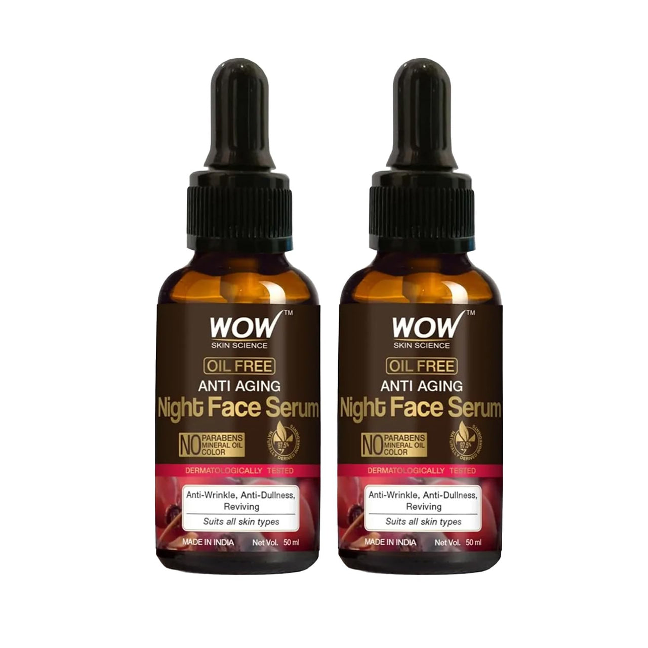 WOW Skin Science Anti Aging Night Face Serum|OIL FREE|Anti Wrinkle, Anti Dullness, Reviving|No Parabens, Silicones & Color|50mL|Pack of 2