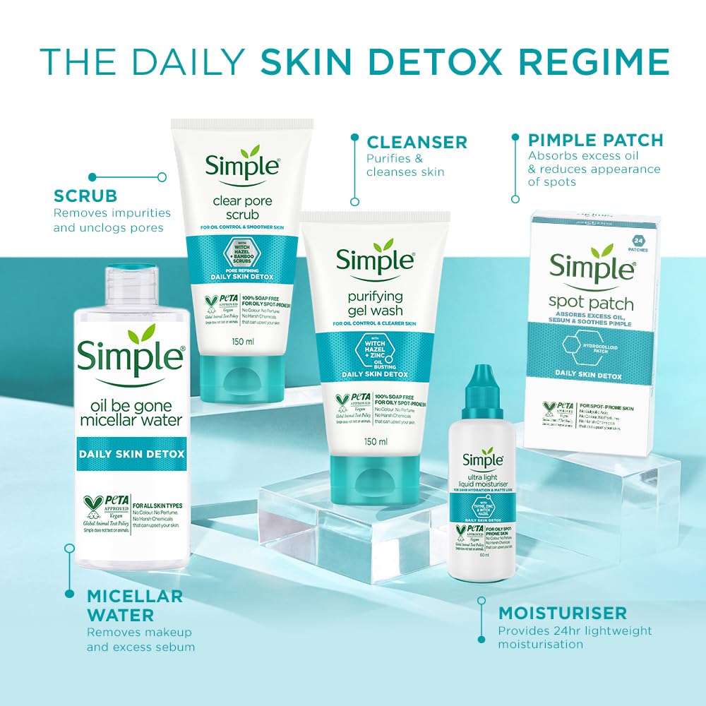 Simple Daily Skin Detox Ultra-light Liquid Moisturiser 60ml | For 24 Hr Hydration & Matte Look | For Oily, Pimple-Prone & Spot-Prone Skin