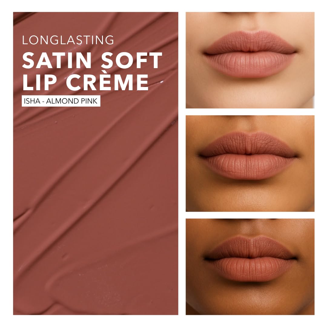SIMPLYNAM Satin Soft Lip Crème - Almond Pink | 1 Swipe Full Coverage | Hydrating, Creamy Matte Finish | 16 Hour Stay | Transfer-Proof & Smudge-Proof | Infused with Peptides & Squalane | Vegan