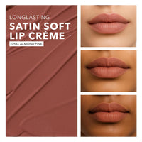 SIMPLYNAM Satin Soft Lip Crème - Almond Pink | 1 Swipe Full Coverage | Hydrating, Creamy Matte Finish | 16 Hour Stay | Transfer-Proof & Smudge-Proof | Infused with Peptides & Squalane | Vegan