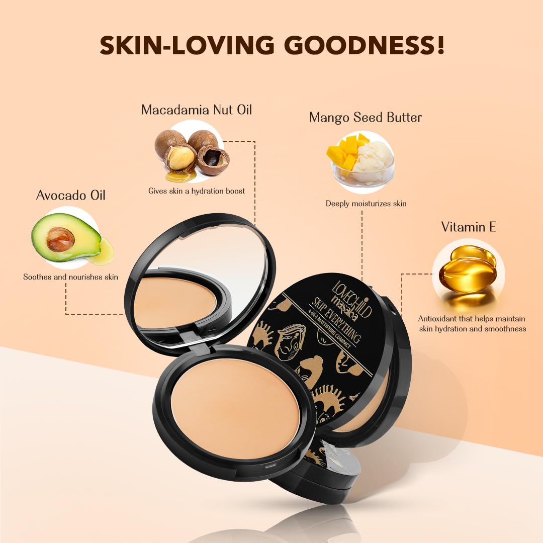 Lovechild Masaba 4-In-1 Mattifying Compact - Perfect All Skin Matte Coverage, Moisturizer, Primer & Skin Repair, With Macadamia Oil & Vitamin E, Honest Honey (Medium) - 9G