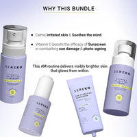 Sereko Vitamin C Brightening Face Cleanser, Toner, Serum with Sunscreen SPF 50++++ for Women & Men (AM Routine Essentials)