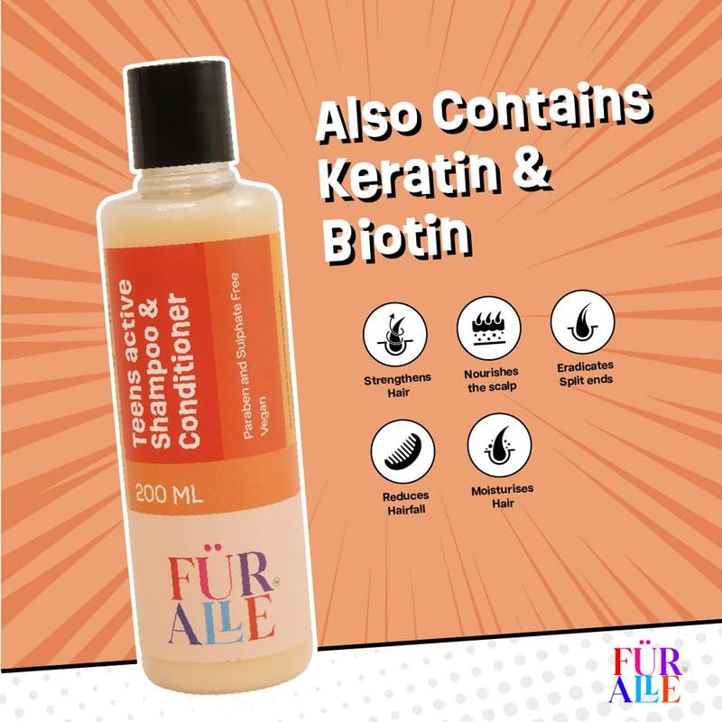 FurAlle Teens Active Shampoo & Conditioner | 2-in-1 Hair Care with Aloe Vera, Argan Oil, Biotin, Amla & Onion Extract | Repair, Strengthens & Healthy Hair for Boys & Girls| 200ml