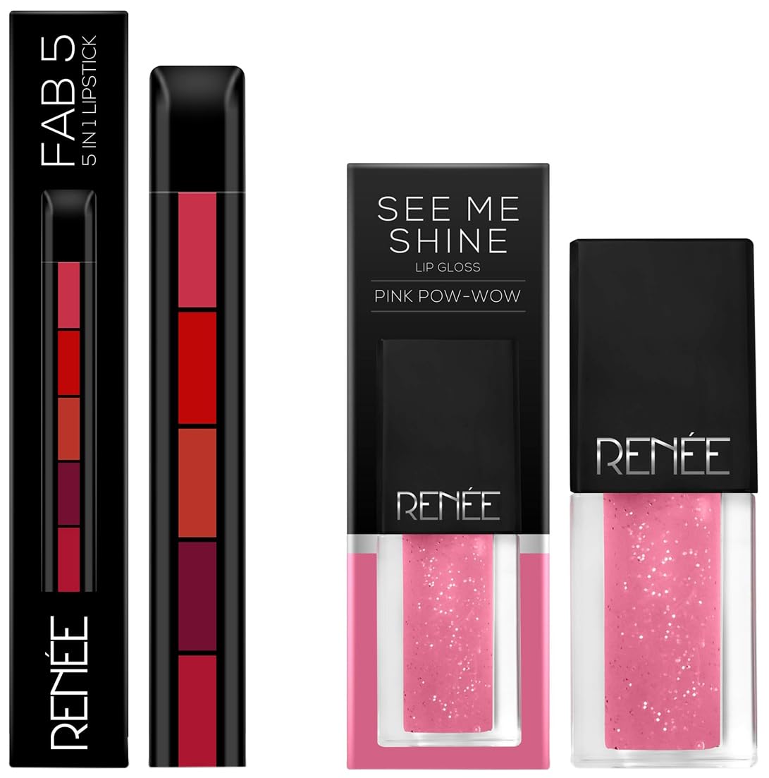RENEE Fab 5 Matte Finish 5 in 1 Lipstick 7.5g & See Me Shine Lip Gloss For All Skin Tone, Enriched with Jojoba Oil, Non Sticky, Hydrating, Easy Glide Formula, Pink Pow-Wow 2.5ml