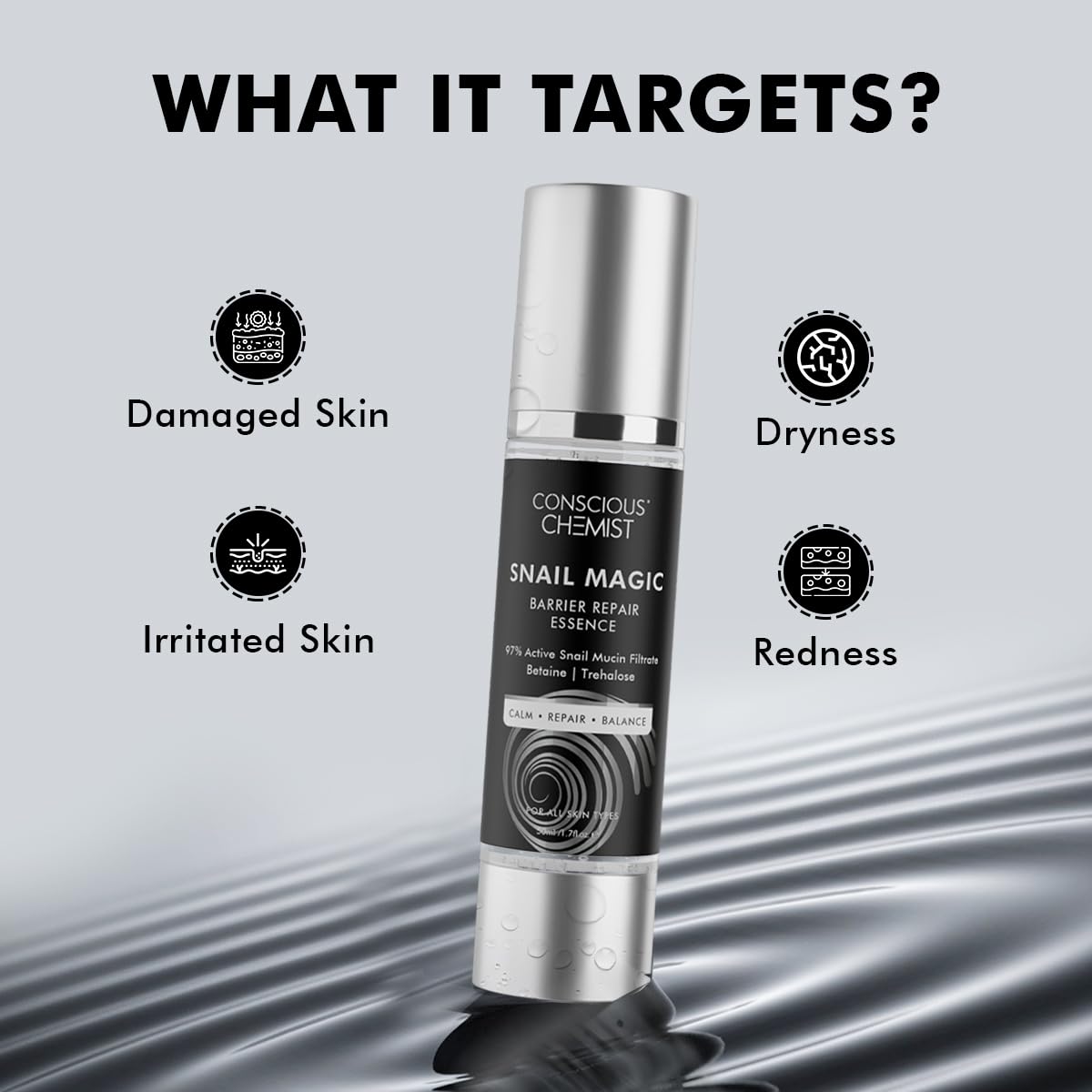 Conscious Chemist Snail Mucin Serum | 50ml | Barrier Repair Essence for Face, 97% Active Snail Mucin Filtrate, Betaine & Trehalose, For Dryness, Damaged Skin, Face Serum for Men & Women - Snail Magic