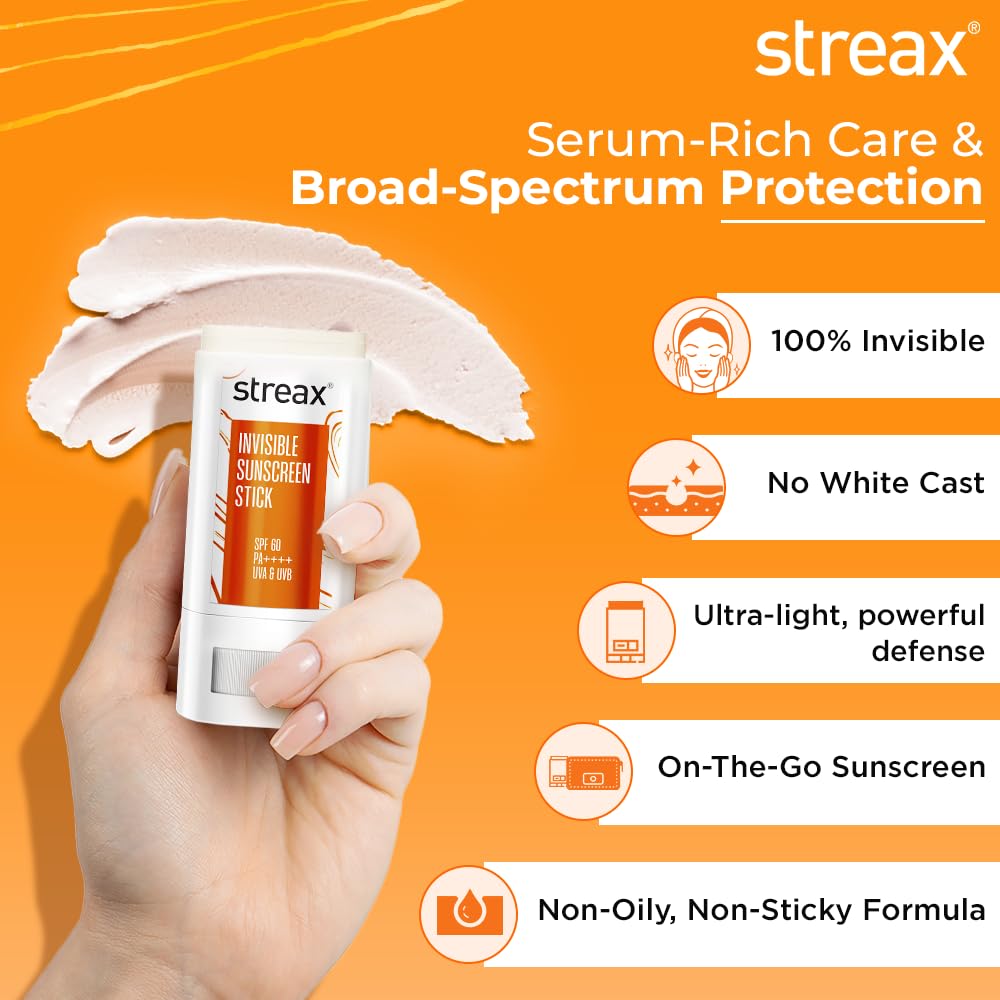 Streax Sunscreen Stick SPF 60 PA++++,20 g|Broad-Spectrum UV Care|Hyaluronic Acid & Ceramides Serum complex |Non-Greasy & No White Cast|Travel-Friendly & Fuss-Free Application