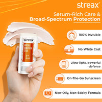 Streax Sunscreen Stick SPF 60 PA++++,20 g|Broad-Spectrum UV Care|Hyaluronic Acid & Ceramides Serum complex |Non-Greasy & No White Cast|Travel-Friendly & Fuss-Free Application