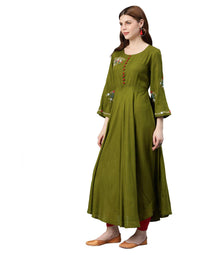 Yash Gallery Women's  Rayon Buta Embroidered Anarkali Kurta (Olive Green)