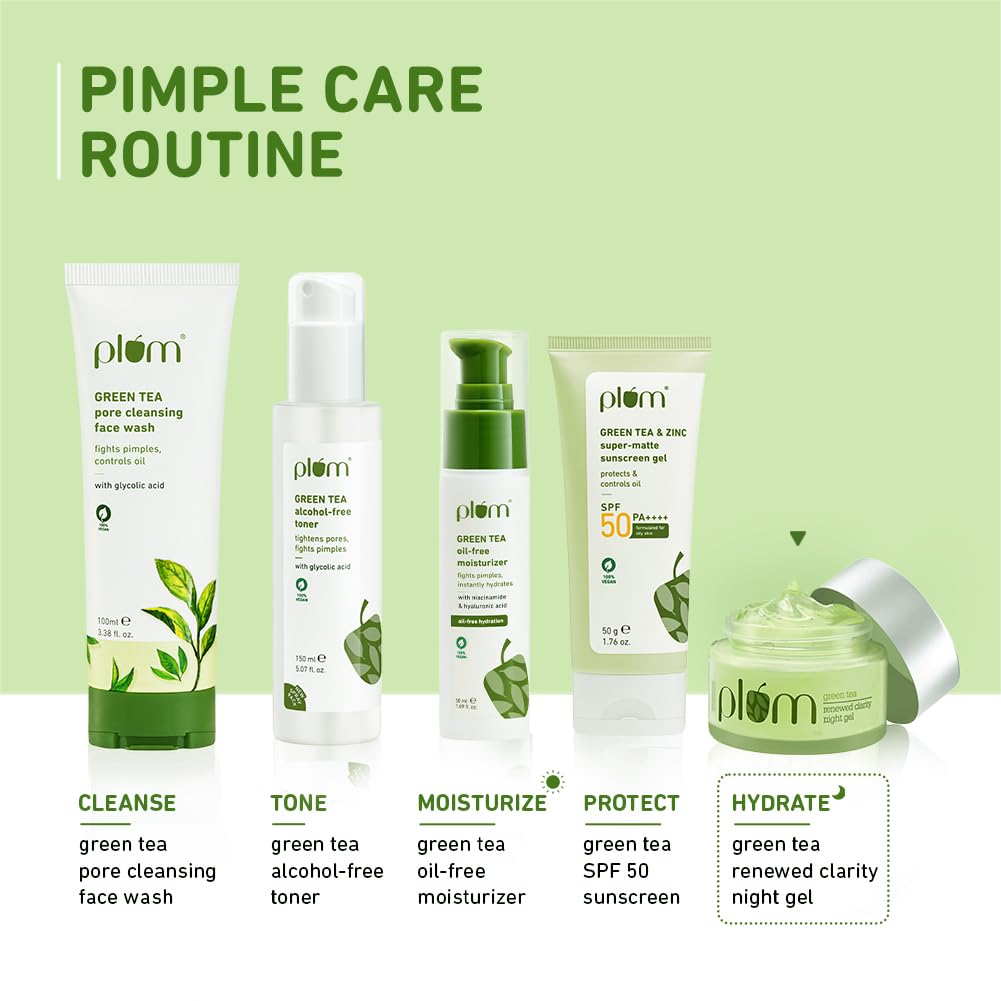 Plum Green Tea Renewed Clarity Night Gel | Normal, Oily, Acne-Prone, Combination Skin | Night Cream For Women | Overnight Repair | 100% Vegan | Paraben Free | 50ml