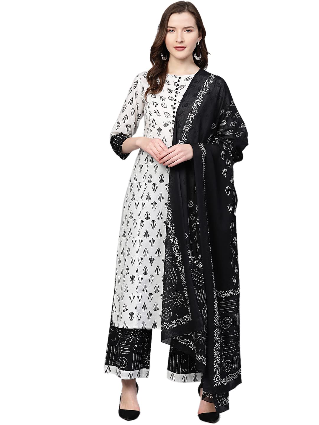 Yash Gallery Women's  Cotton Floral Printed Straight Kurta Palazzo & Dupatta Set for Women