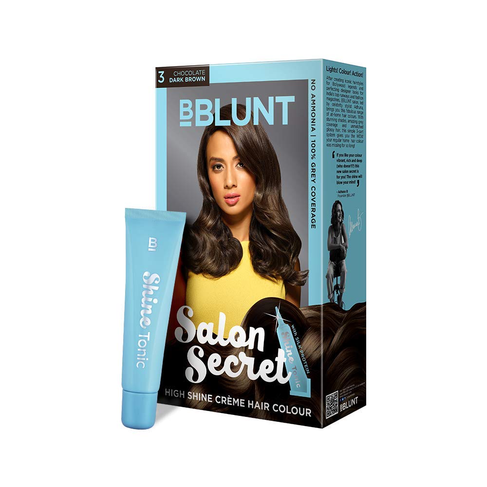 Bblunt Salon Secret High Shine Crème Hair Colour, 100g - Chocolate Dark Brown 3 (Pack Of 1) With Shine Tonic, 8ml