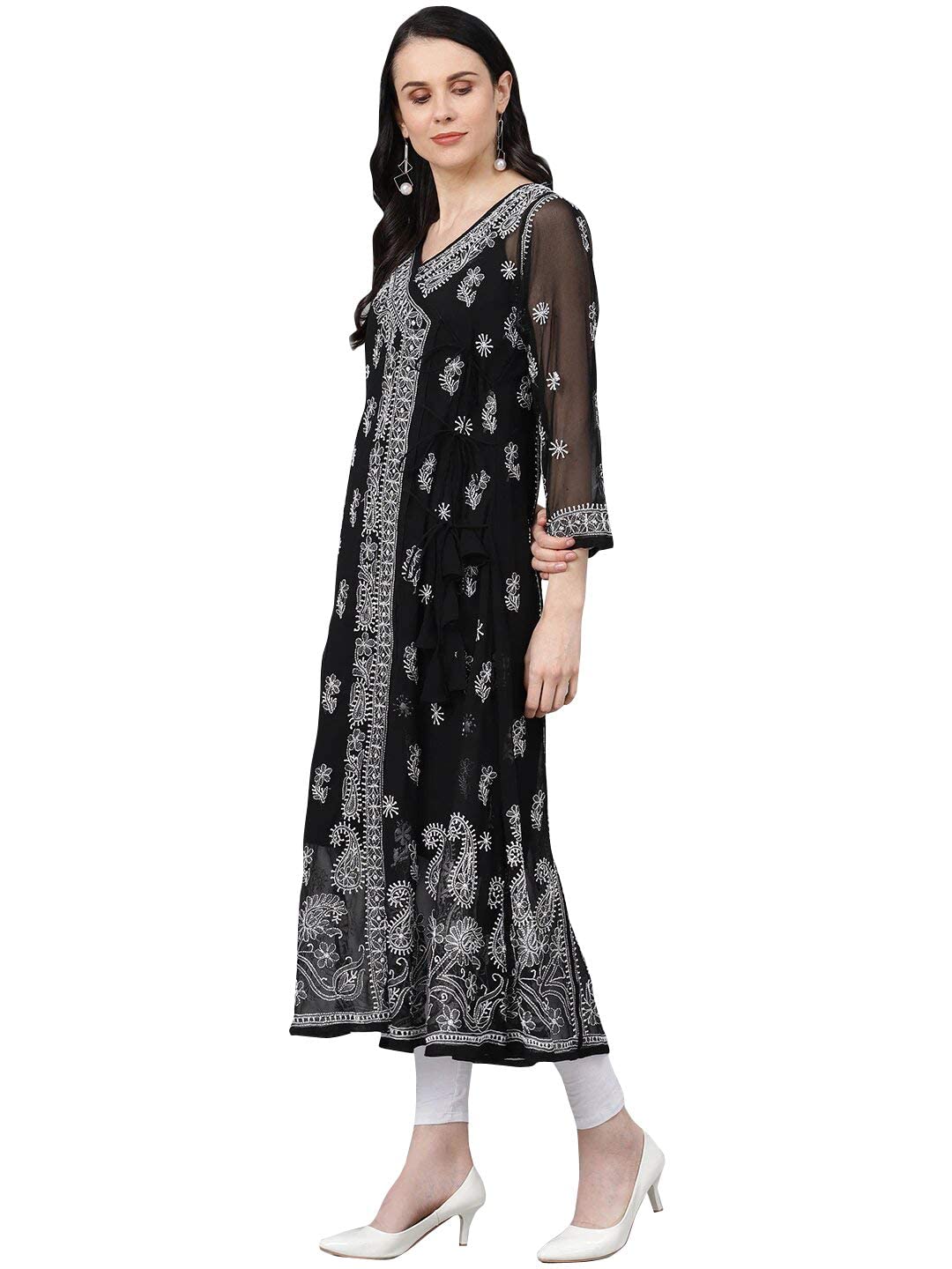 Ada Handcrafted Lucknowi Chikan Women's  Georgette Angrakha Kurti Kurta with Slip A100593