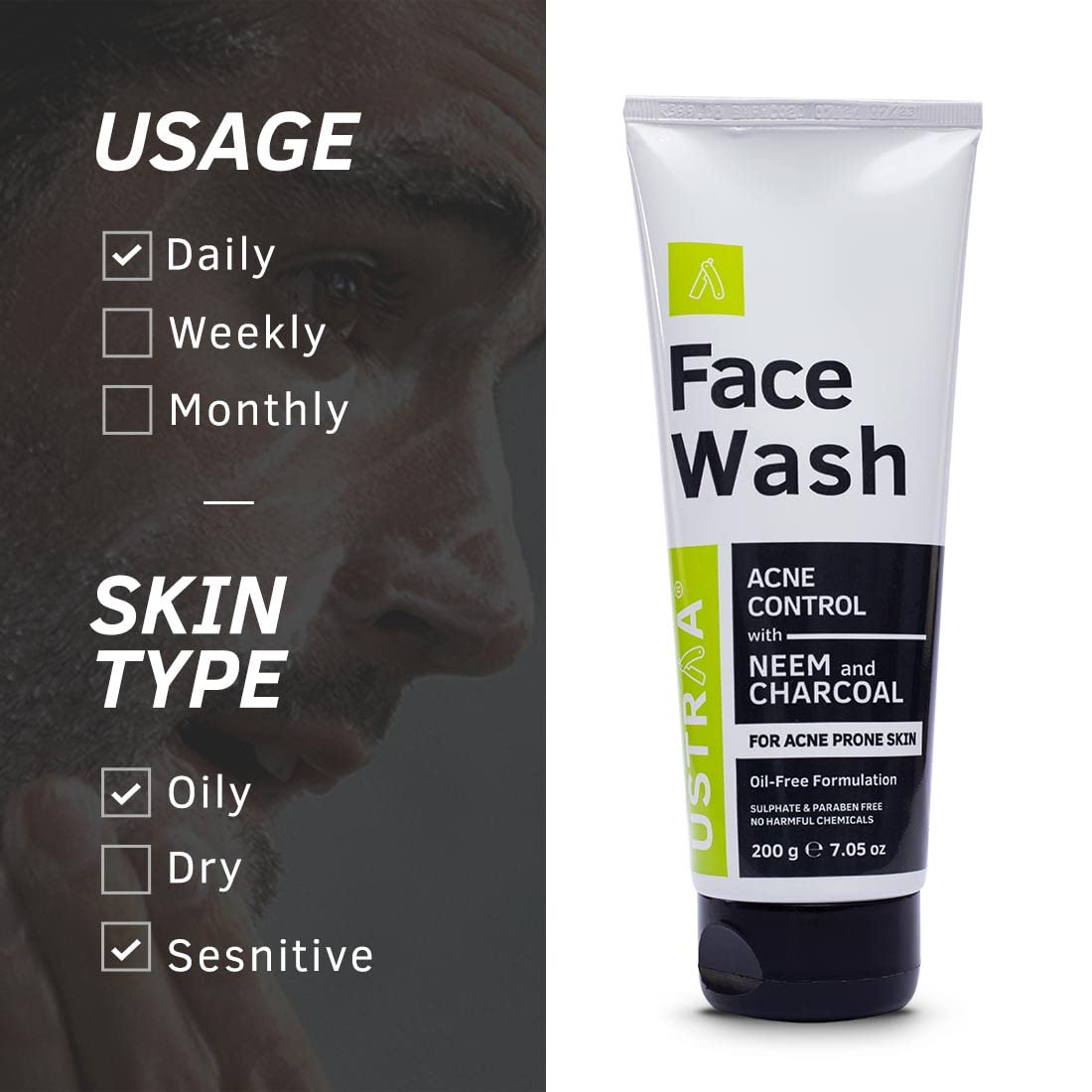 Ustraa De-Tan Face Mask Oily Skin - 125g - Effectively Removes Tan & Pollutants | White Charcoal & French Clay & Face Wash Acne Control - With Neem & Charcoal - 200g - Oil control, Prevents Acne