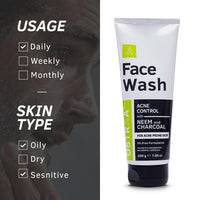 Ustraa Face Wash - Mint Cool - Dry Skin - 100g | Reduces Moisture Loss | Removes Dirt & Face Wash Acne Control - With Neem & Charcoal - 200g - Oil control, Prevents Acne