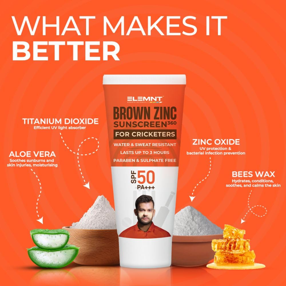 Elemnt Brown Zinc Sunscreen for Cricketers | SPF 50 Zinc Suncream, Broad Spectrum PA+++ with Aloe Vera | Formulated For Heavy Sun Exposure | Water Resistant Sunscreen for Cricketers & Sports | Men & Women - 25gm