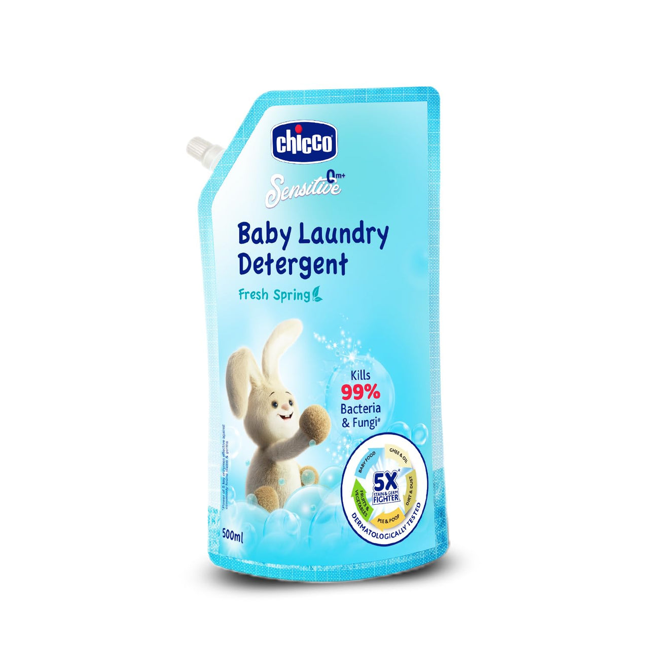 Chicco Baby Liquid Laundry Detergent, 5X Stain & Germ Fighter, Kills 99% of Germs, Dermatologically Tested, Effective & Gentle Cleaning, Fresh Springs, Refill pack (500 ML)