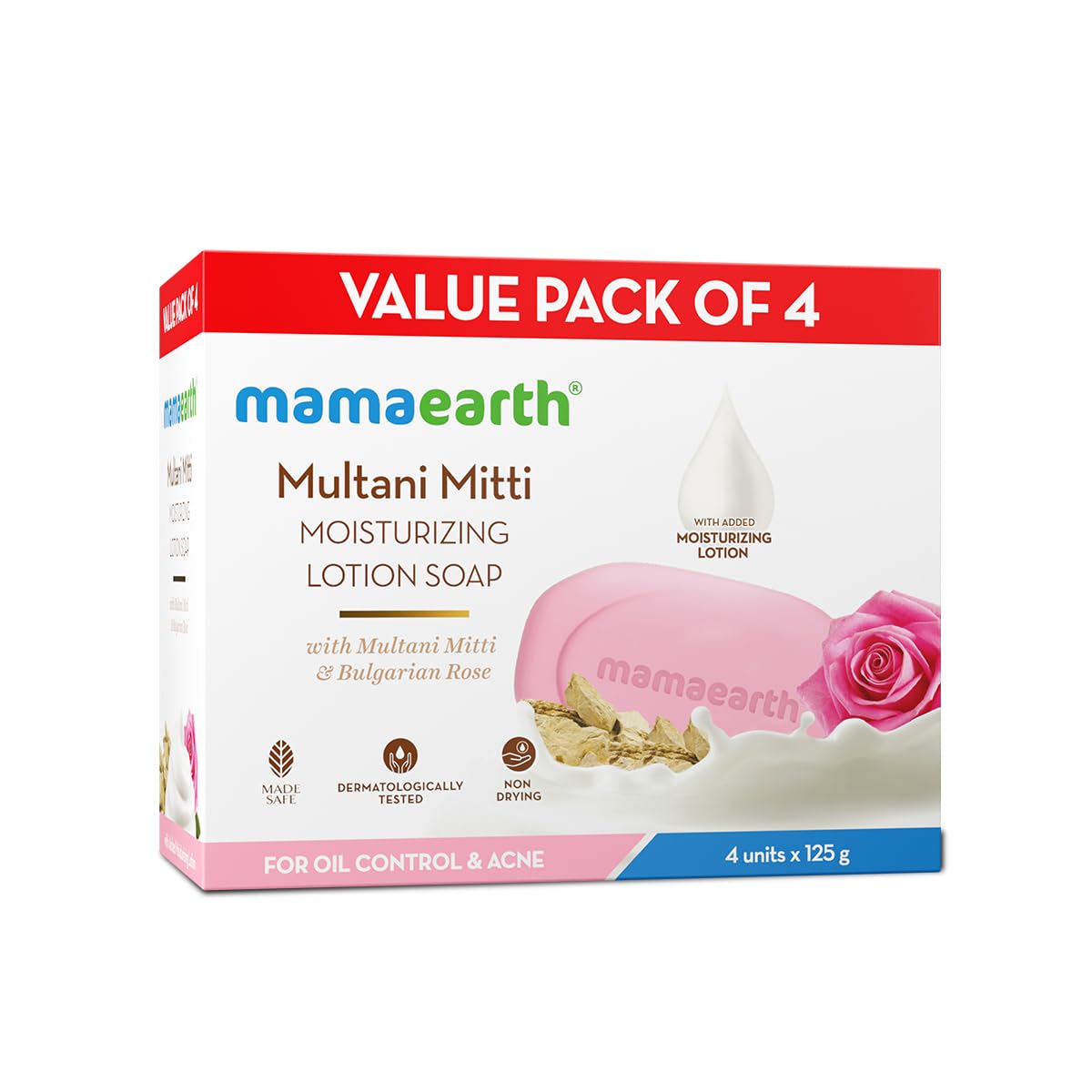 Mamaearth Multani Mitti Moisturizing Lotion Soap with Multani Mitti & Rose for Oil Control & Acne 125g (Pack of 4) | Benefits of Lotion in a Soap | Deeply Cleanses & Moisturizes | Grade 1 Acne Soap