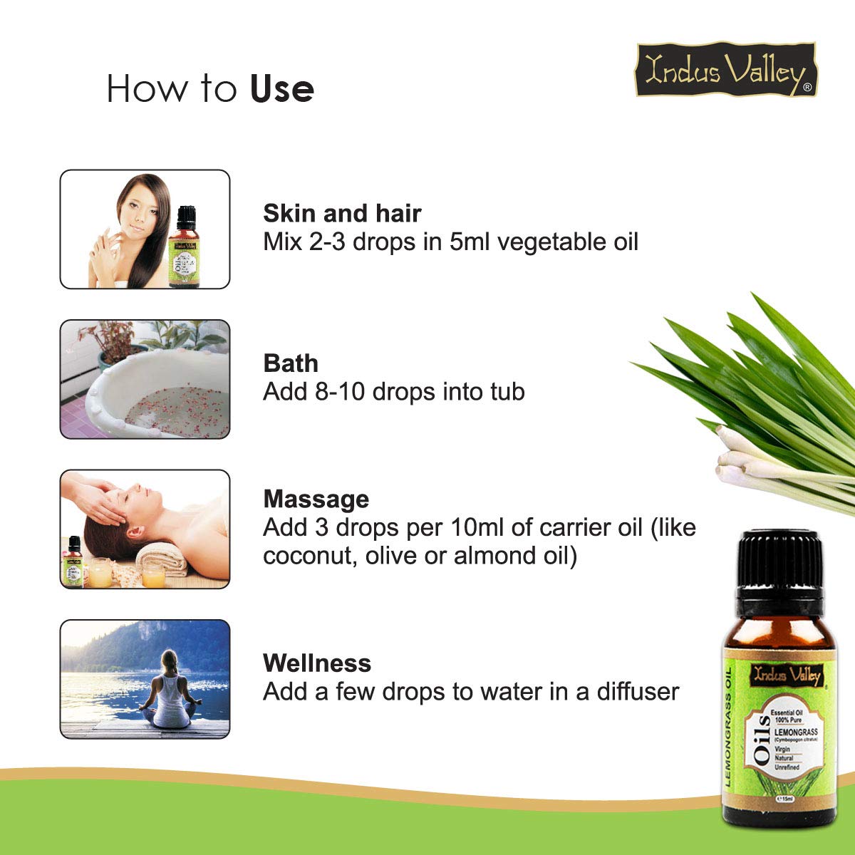 Indus Valley 100% Pure Natural & Organic, Undiluted lemongrass Essential Oil with Glass Dropper for Skin, Hair Care -15ml