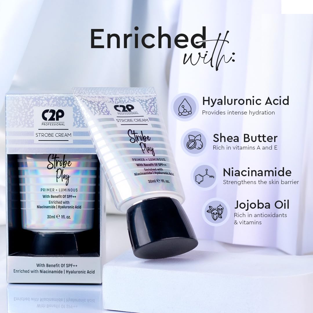 C2P Pro Strobe Cream for Face Glow Gold 30g | 3-in-1 Glow Booster | Primer + Highlighter + Moisturizer | SPF++ Niacinamide & Hyaluronic Acid | Dewy Glow for All Skin Types