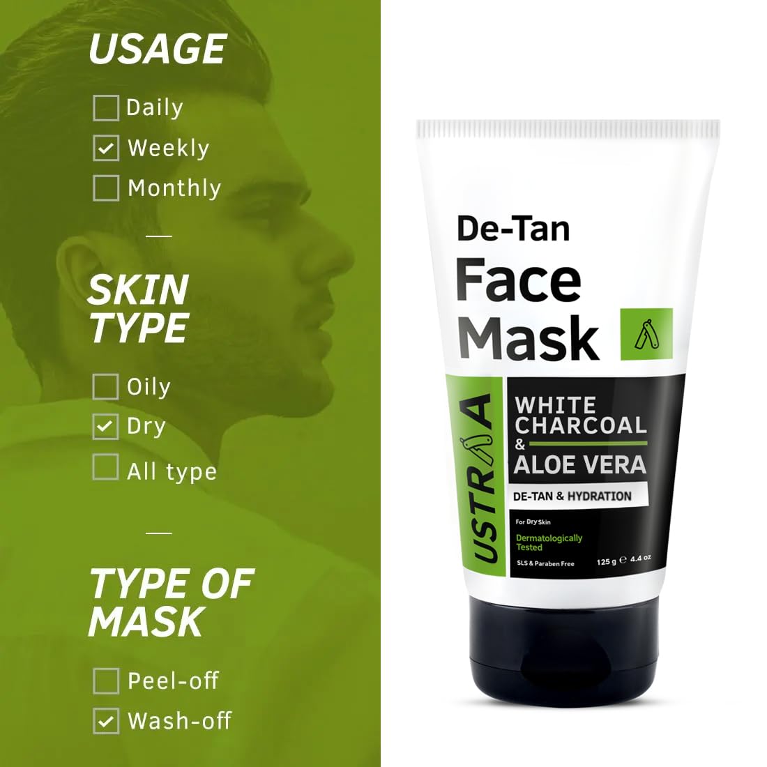 Ustraa De-Tan Face Mask - Dry Skin - 125 gm - Wash-off mask | with White Charcoal | Helps Remove Tan & Pollutants & Night Cream - De-Tan & Anti-Aging Cream for Men - 50g | for Effective Tan Removal