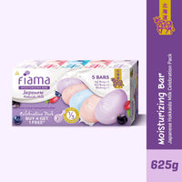 Fiama Moisturizing Soap Bars Celebration Pack, Japanese Hokkaido Milk & Berries, Fiama Soaps Pack of 5, Non-Sticky Moisturized Skin, 1/3rd Skin Moisturizers, Vitamin F, Buy 4 Get 1 Free